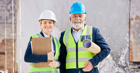 Mature, engineers and happy on construction site in portrait with foreman or supervisor in vest....