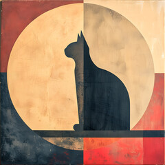 Shape of a black cat in an abstract painting with texture and retro style.