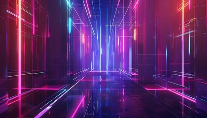 Abstract futuristic neon light tunnel with pink and blue glowing lines.