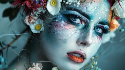 Artistic conceptual makeup with a surreal and otherworldly atmosphere.