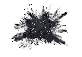 Charcoal, realistic coal or carbon particles explosion with powder splash and salt crystals on white background. Black charcoal dust or graphite powder explode