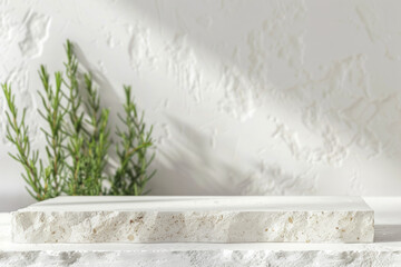 Minimalistic white travertine podium with white wall and rosemary branches