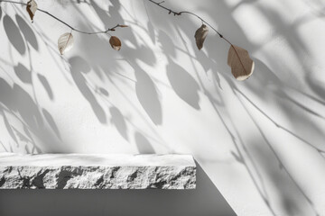 Minimalistic composition with white stone platform and leaf shadows