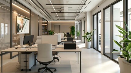 elegant beige open space office interior with poster modern workplace design