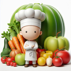 3D cartoon chef with fruits and vegetables