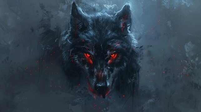 evil black wolf with glowing red eyes dramatic digital painting