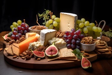 Elegant cheese platter with assorted fruits, nuts, and crackers.	Elegant cheese platter with assorted fruits, nuts, and crackers.