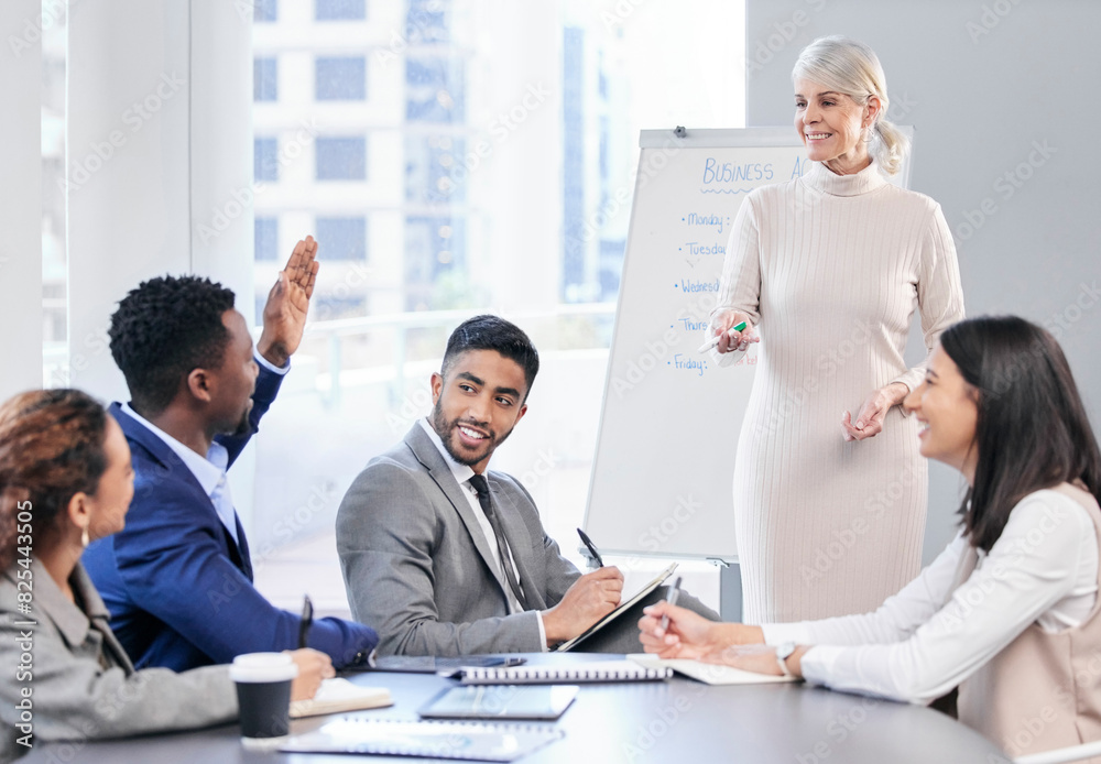 Poster Happy, business people and speaker for team meeting, communication and collaboration on company calendar. Smile, corporate group and discussion in office about planning schedule with paperwork