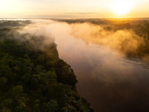Aerial Sunset View of Amazon Rainforest and River
