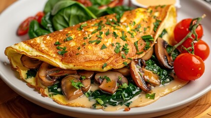 A folded omelette with spinach, mushrooms, a creamy sauce, and cherry tomatoes on the side