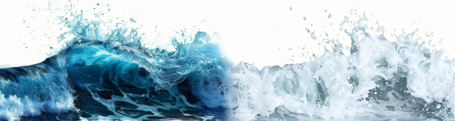 Fototapeta premium two images side by side, one of the left part is a blue wave in ocean, second on right half of picture has white background, hyper realistic.