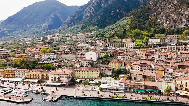 Historic buildings in Italian town of Limone Sul Garda, Lake Garda, Italy. Aerial view