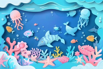 World Ocean Day poster with text "world ocean day" and underwater scene in paper cut style. Poster Design with sea and ocean animal: jellyfish, dolphins, fishes near the seashore
