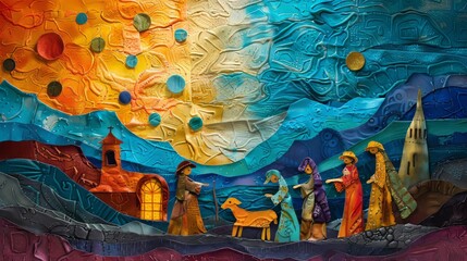 Fototapeta premium Bold abstract colors creating a sense of awe in the Nativity scene