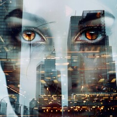 Bold double exposure of mascara and modern glass buildings.