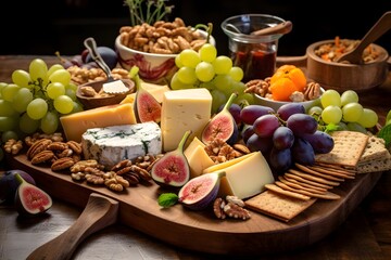 Elegant cheese platter with assorted fruits, nuts, and crackers.	Elegant cheese platter with assorted fruits, nuts, and crackers.
