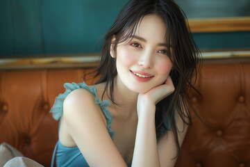 深緑のワンピースを着た女性