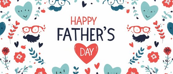 happy Father's Day card with heart, glasses and mustache on a white background. Banner design for a dad celebration event or social media post template. colorful cartoon animation for kids.