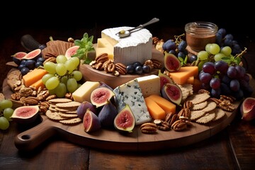 Elegant cheese platter with assorted fruits, nuts, and crackers.	Elegant cheese platter with assorted fruits, nuts, and crackers.