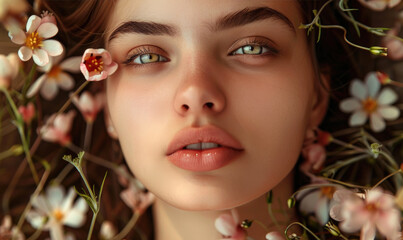 A pretty young woman face with spring flowers
