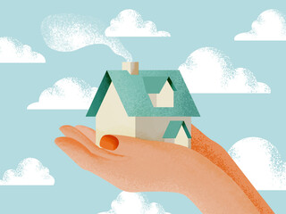 Safe hands carrying home against cloudy blue sky