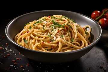 Classic Italian pasta dish with spaghetti, pancetta, and fresh herbs.