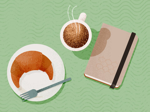 Delicious food, coffee and notebook on surface