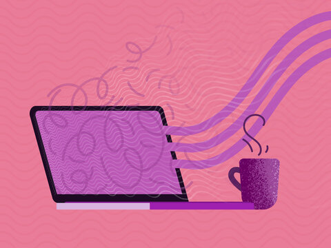 Tablet and steaming coffee cup placed on surface