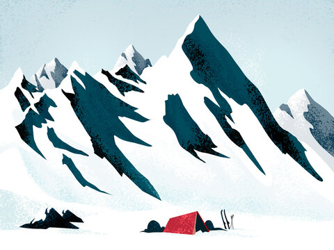 Tent on snowy terrain near mountains during daytime