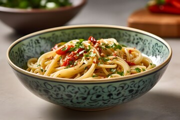 Classic Italian pasta dish with spaghetti, pancetta, and fresh herbs.