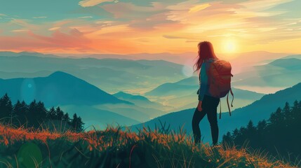 Beautiful mountains, standing young woman with backpack on the peak at sunsetLandscape with sporty girl, green grass, forest, hills , blue sky with sunbeams. Travel and tourism - Powered by Adobe