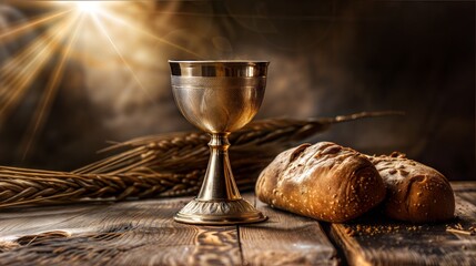 An evocative image of the Holy Communion ritual, featuring the chalice and bread, symbolizing the body and blood of Christ. Perfect for religious education materials or church bulletins