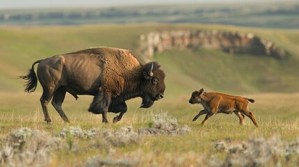 Bison calf running alongside its mother
