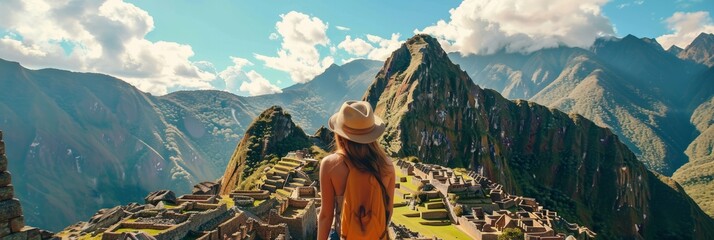A sun-kissed tourist marvels at the weathered stone structures of Machu Picchu surrounded by verdant Andean peaks