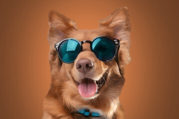 happy funny dog with sunglasses on clean background