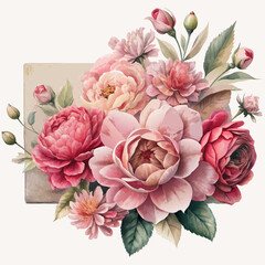 a bouquet of flowers is shown with a card that says peonies