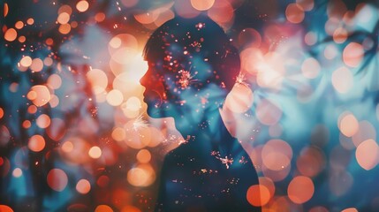 a man's head in silhouette with a glowing, abstract pattern of light and color. Double exposure