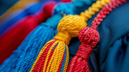 Colorful Tassel Hanging From Blue Curtain