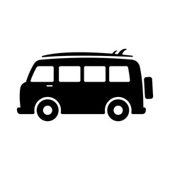 Minibus with surfboard icon. Minivan. Black silhouette. Side view. Vector simple flat graphic illustration. Isolated object on a white background. Isolate.