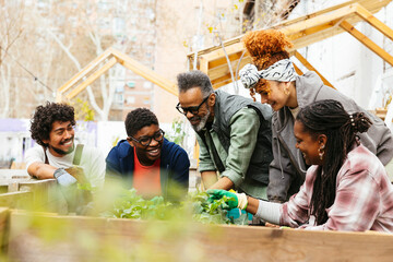 Group of volunteers working in community garden