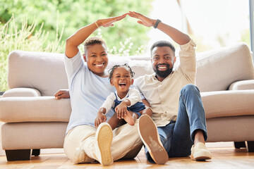 Happy black family, portrait and roof with protection for mortgage, investment or moving in new...