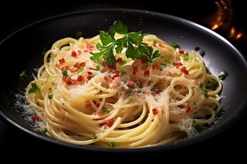 Classic Italian pasta dish with spaghetti, pancetta, and fresh herbs.