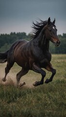 Dark Horse Galloping Across the Field