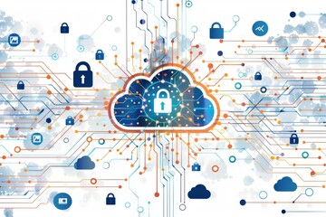 Obraz premium Creative Cloud Security Illustration with Lock and Tech Elements in Modern Vector Style