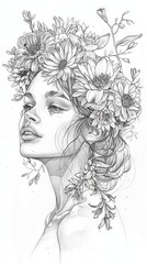 Clean line drawing of a woman with a crown of flowers