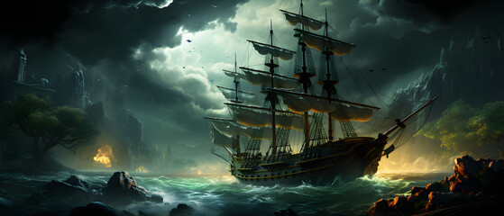 Fototapeta premium pirate ship in the dark