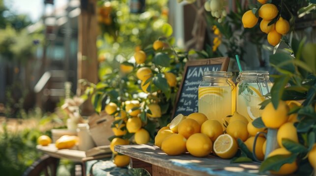 Rustic lemonade stand featuring ice-cold beverages vibrant lemons and a handwritten sign exuding summer vibes in a peaceful neighborhood setting