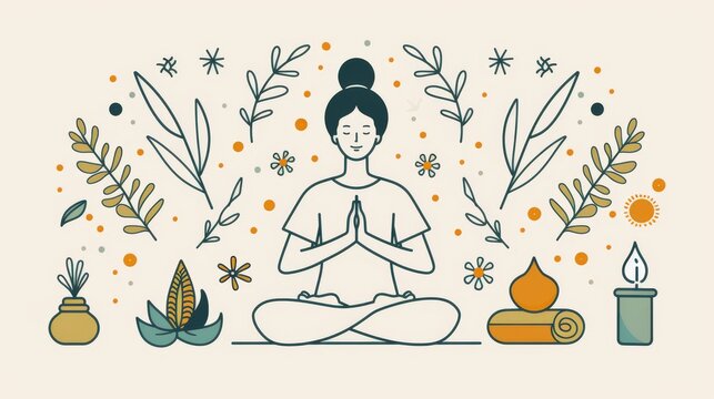 Clean line drawings of wellness regimens and relaxation techniques