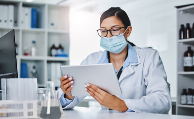 Tablet, medical and research with woman and mask in hospital for innovation, healthcare and...