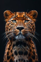Obraz premium Close Up of a Leopards Face With a Black Background